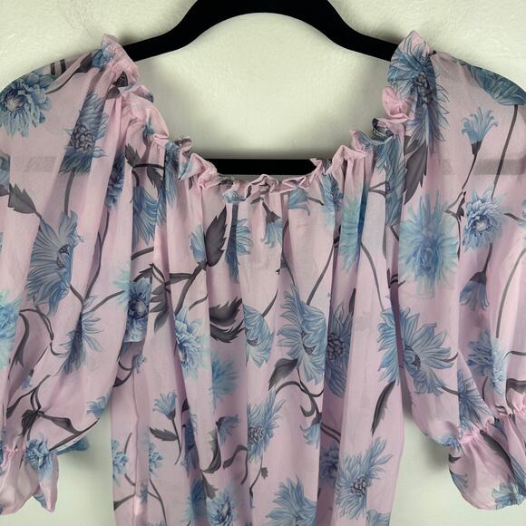 Womens Chiffon Floral Puff Sleeve Boat Tie Neck Romantic Pink/Blue Top Small - Picture 6 of 10